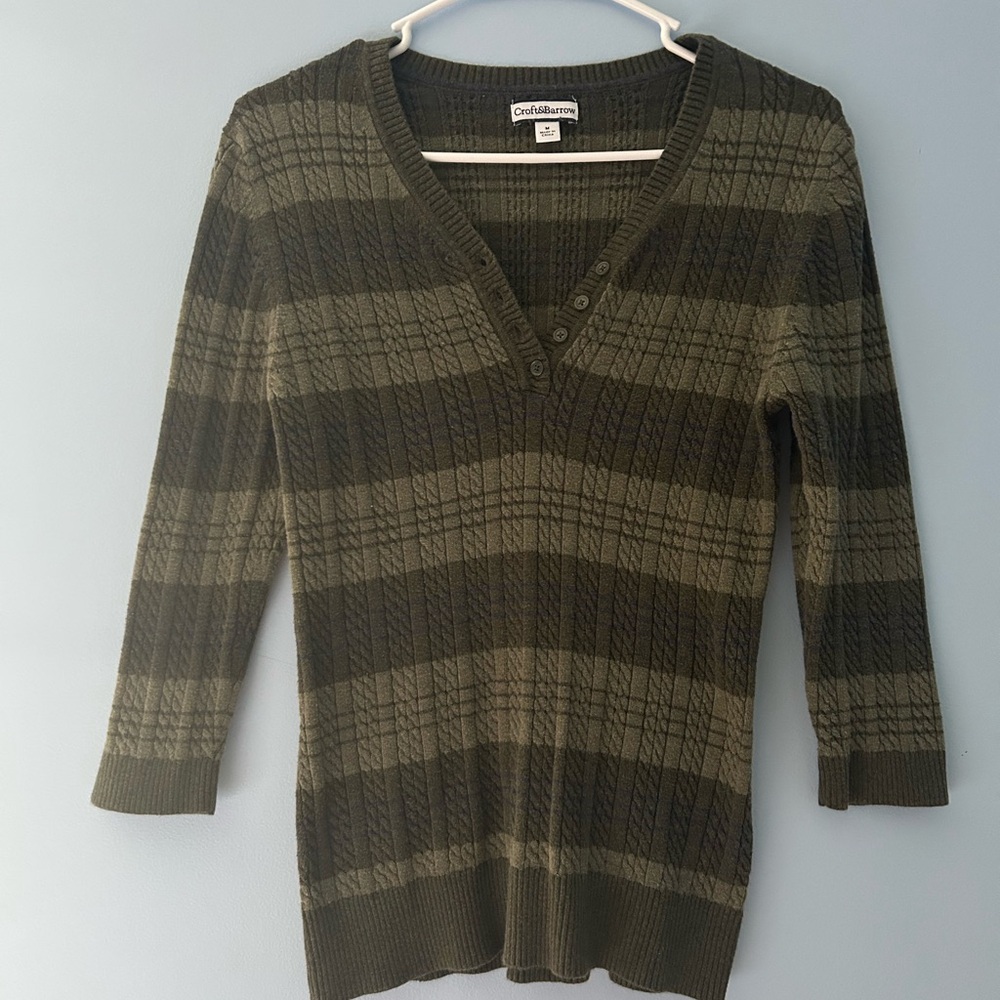 Croft & Barrow Green V-Neck Sweater Ribbed Knit